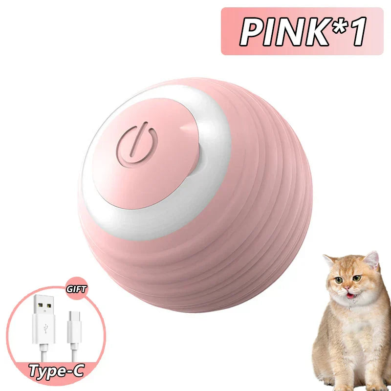 Pink Automatic Rolling Smart Interactive Cat Ball with Type-C charger and cat illustration.