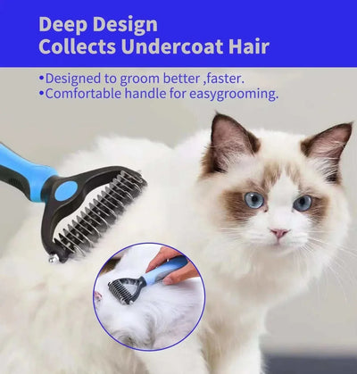 Professional pet deshedding brush used on cat, showing fur removal and knot cutting. pets hair removal