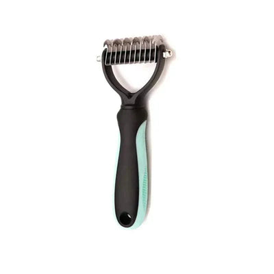 Professional pet deshedding brush with stainless steel blades for dogs and cats.