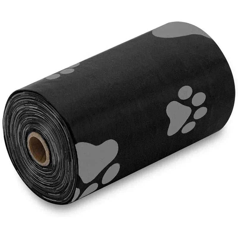 120 rolls of black dog poop bags with paw print design, suitable for outdoor pet waste collection.