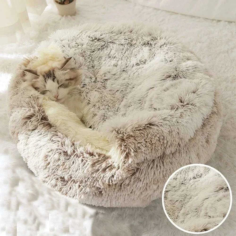 Warm plush round pet bed for cats and small pets, eco-friendly design. Warm Pet Bed