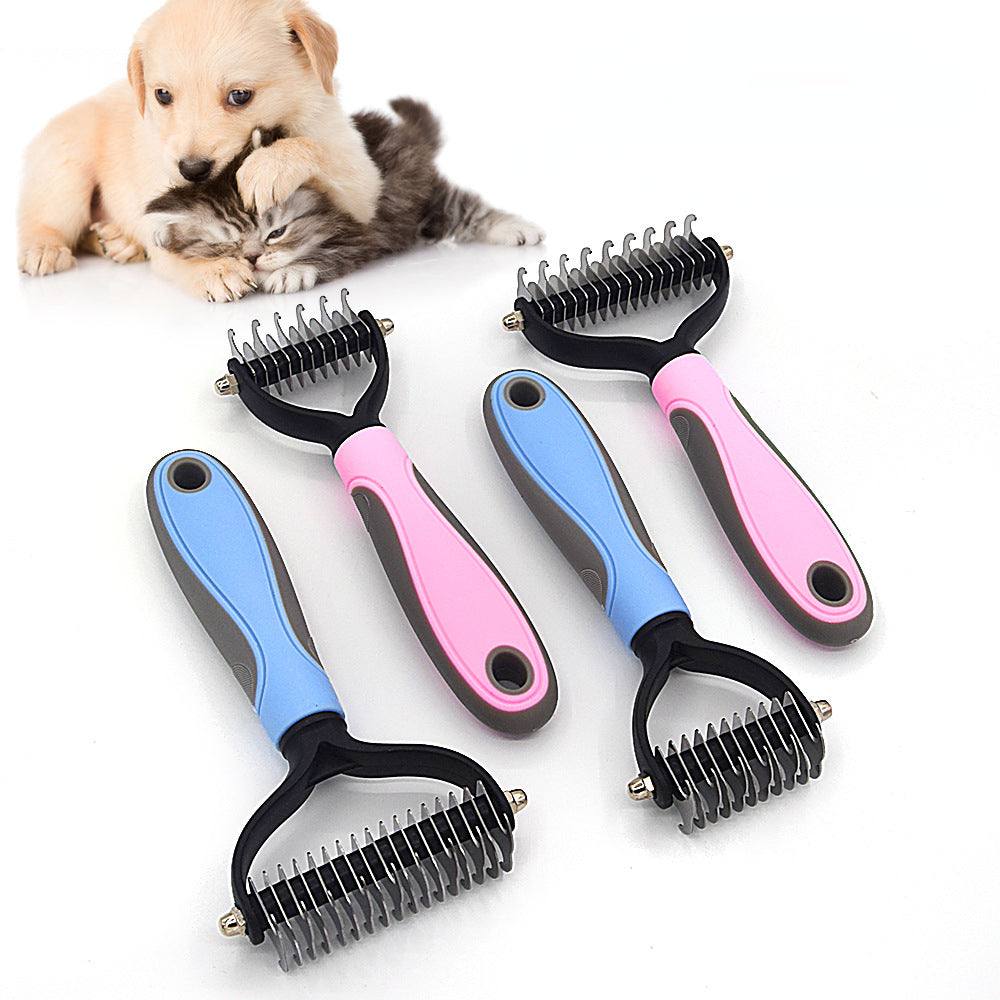 Professional pet deshedding brush for dogs and cats with stainless steel fur remover and knot cutter. pets hair removal