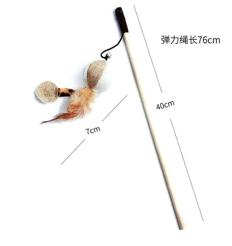 Colorful feather cat wand toy with wooden rod and mouse style design.