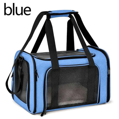 Blue dog cat carrier bag, soft and breathable, airline-approved for small dogs and cats, nylon material.