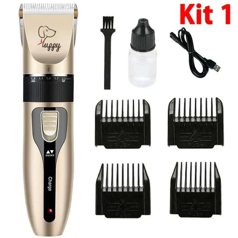 Rechargeable electric pet clipper kit with attachments and charging cable for grooming dogs and cats.