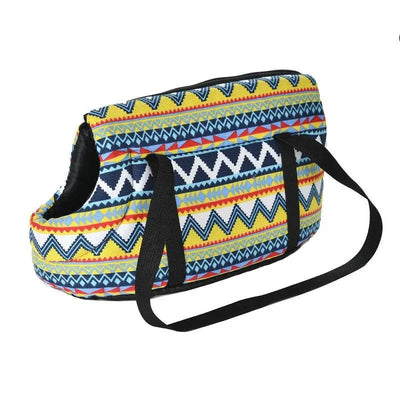 Portable dog backpack carrier with colorful geometric pattern for small and medium dogs.