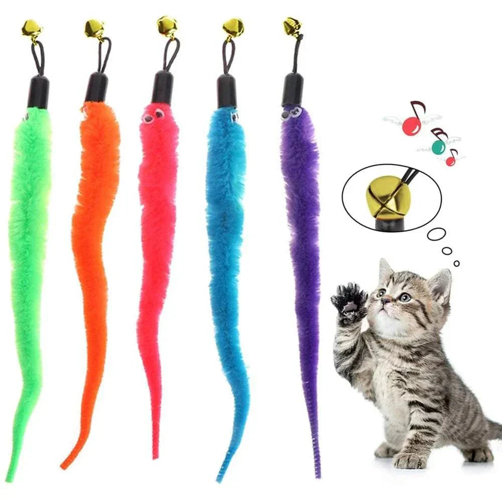 Plush cat toy replacement heads with colorful worm attachments for cat sticks, interactive feather toys.