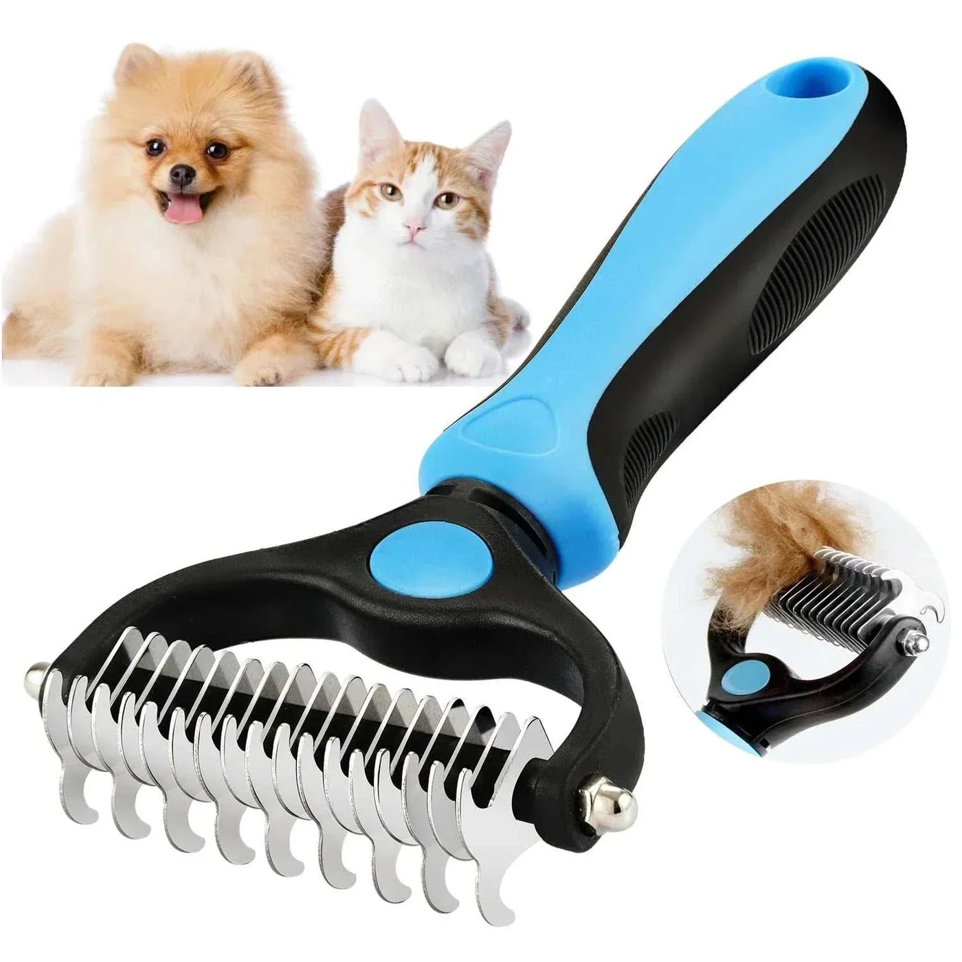 Professional pet deshedding brush with stainless steel blades for fur removal and knot cutting, ideal for dogs and cats. pets hair removal