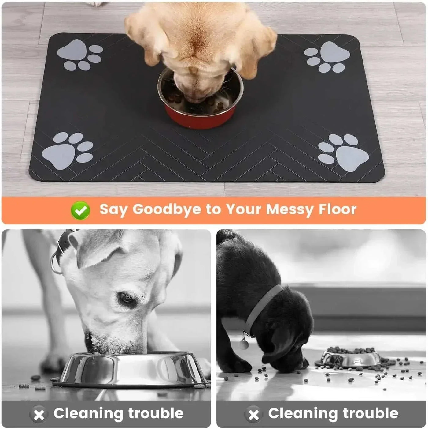 Absorbent dog feeding mat, waterproof quick-dry placemat with dog bowls.