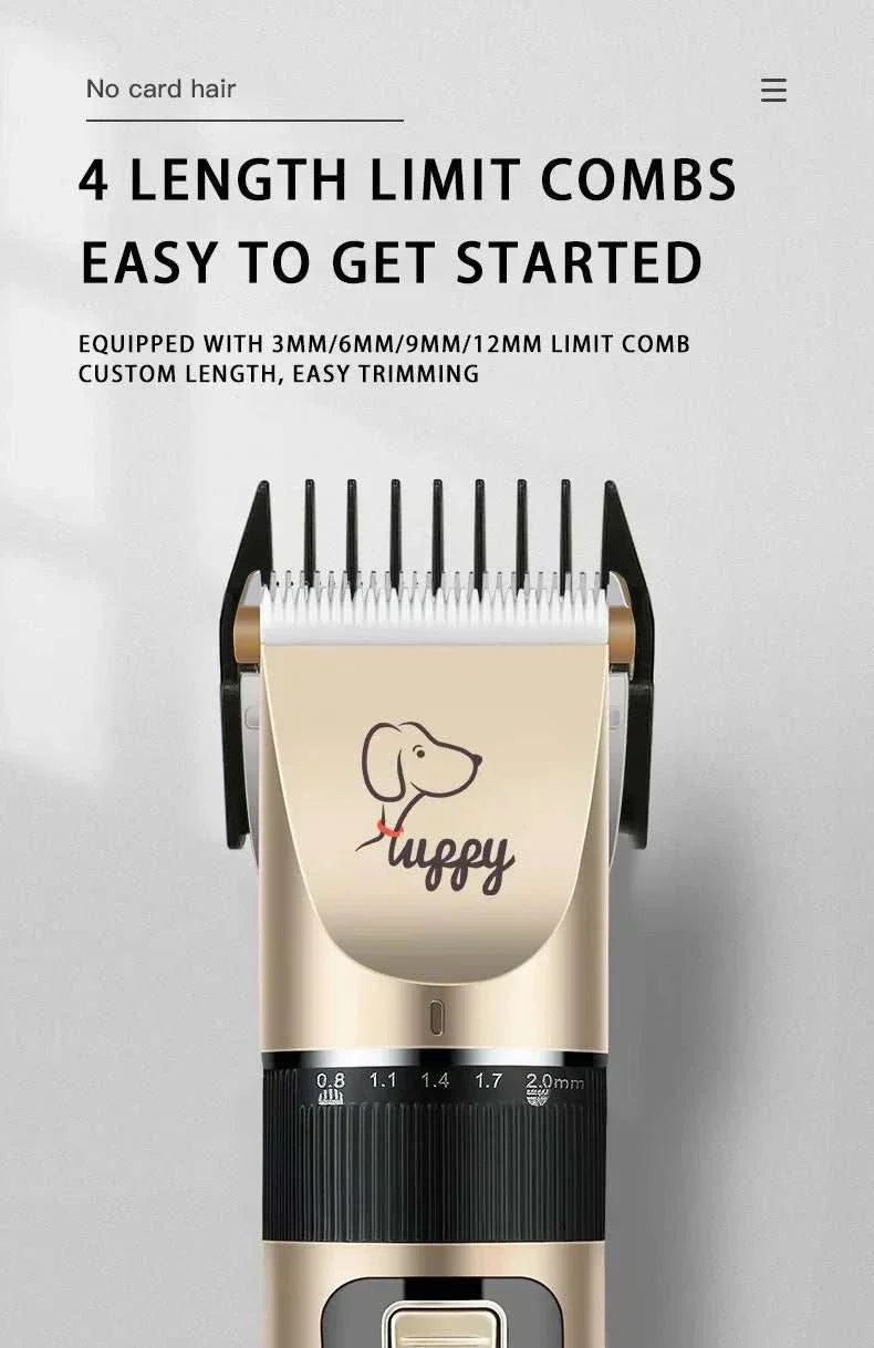 Rechargeable electric pet clipper with adjustable length combs for professional dog and cat grooming.