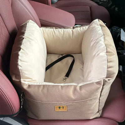 Portable dog car seat bed with storage pockets, soft and washable for small dogs and cats.