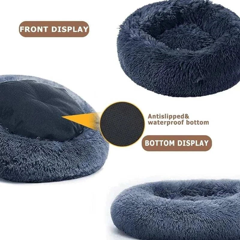 40-90cm plush round pet bed for cats and dogs with anti-slip waterproof bottom, solid pattern, eco-friendly corduroy material.