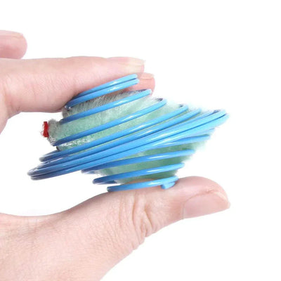 Interactive cat toy ball with stretchable springs held in hand.