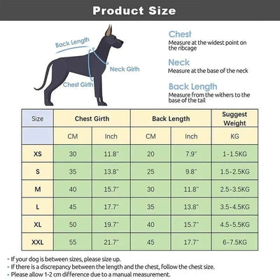 Size chart for Adidog Fleece Hoodie Jumpsuit for Small Dogs.