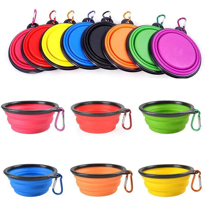 Folding portable silicone dog feeder bowl with carabiner, suitable for food and water, displayed with puppy and cat.  dog silicone feeder