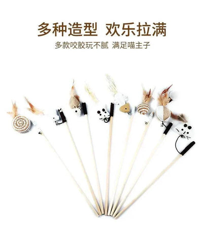 Colorful Feather Cat Wand Toys with Wooden Rods for Pet Play