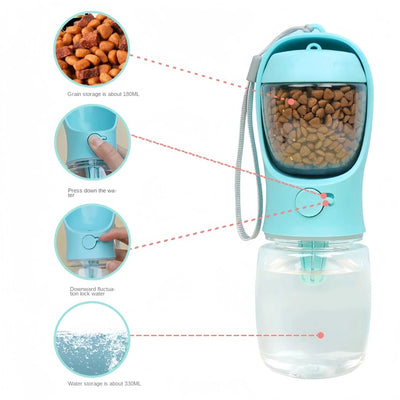 Portable pet water bottle, blue container for food and water, ideal for outdoor travel with dogs and cats. portable dog water bottle