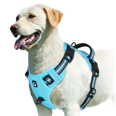 No pull dog harness, adjustable soft padded vest with easy control handle in blue, reflective and breakaway features for adult dogs. soft padded dog harness