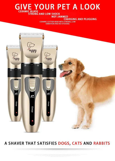 Rechargeable electric pet clipper grooming kit for dogs and cats with ceramic blade and battery power.