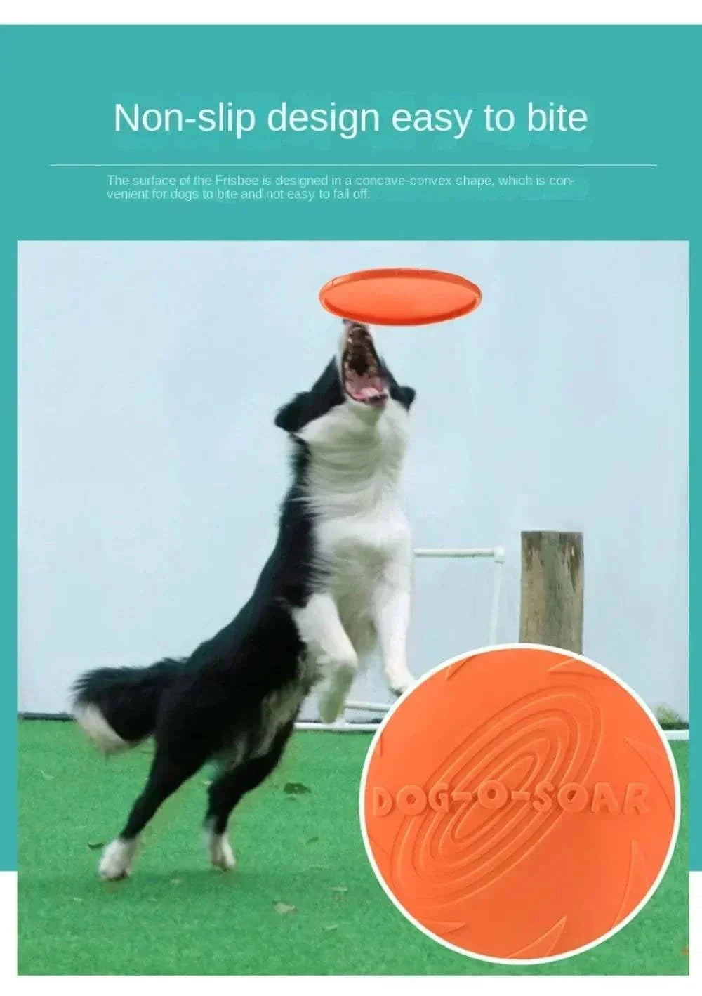 Dog catching an orange multicolor silicone frisbee toy.