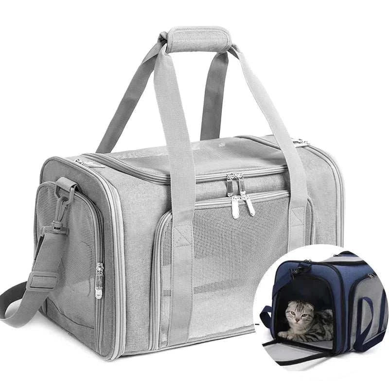 Soft fabric dog cat carrier bag with breathable mesh design, ideal for small dogs and cats; airline approved and suitable for all seasons.
