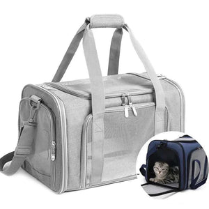 Soft fabric dog cat carrier bag with breathable mesh design, ideal for small dogs and cats; airline approved and suitable for all seasons.
