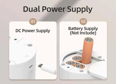 Dual power supply options for ROJECO Automatic LED Laser Toy showing DC power and battery compartment. cat laser pointer