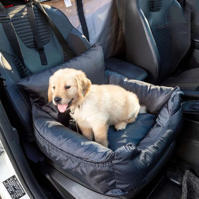 Car seat cover for small and medium dogs, breathable gray design, suitable for front and back seats.