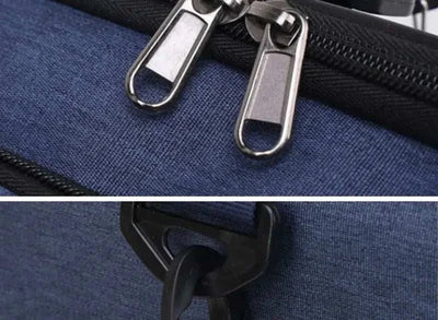 Blue dog cat carrier bag with close-up of durable zippers and hook attachment.