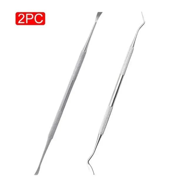 2pcs stainless steel dog tooth cleaner kit including tartar removers and oral care tools.