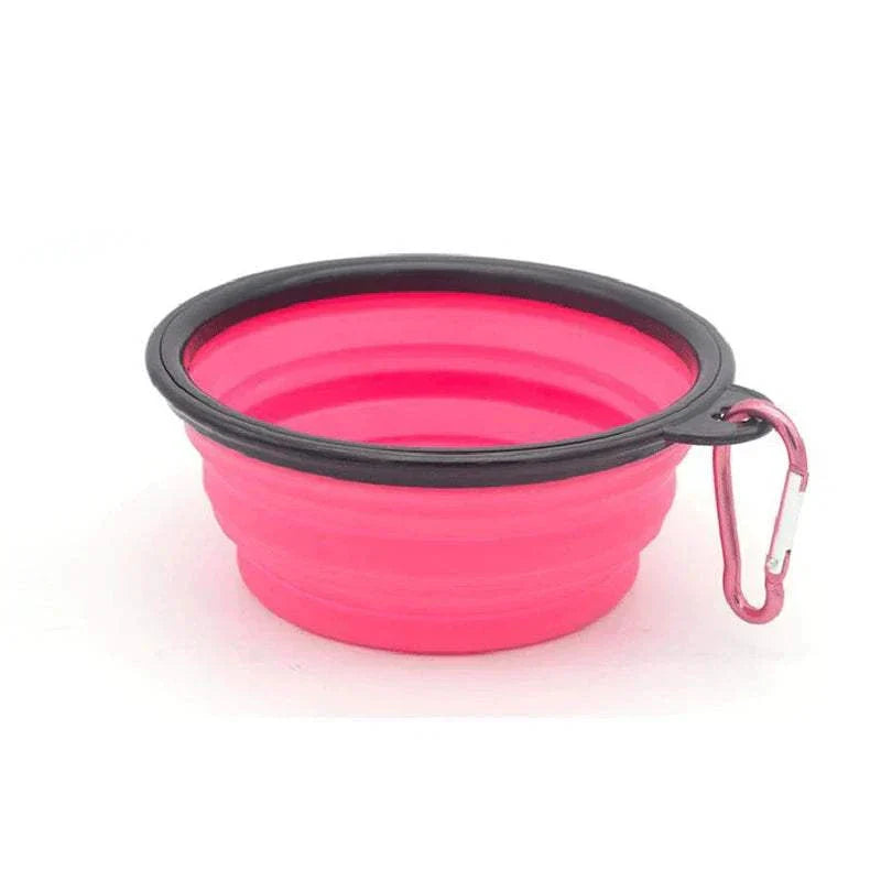 Folding portable silicone dog feeder bowl with carabiner, ideal for food and water.