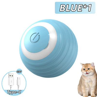 Blue automatic rolling smart interactive cat ball with USB Type-C cable, ideal pet toy for indoor cats.