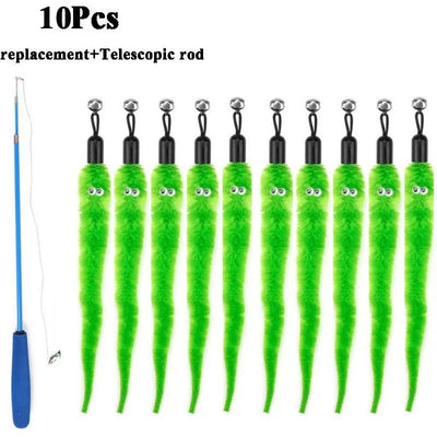 Plush cat toy replacement heads with worm design for cat sticks, featuring 10 pieces and telescopic rod.