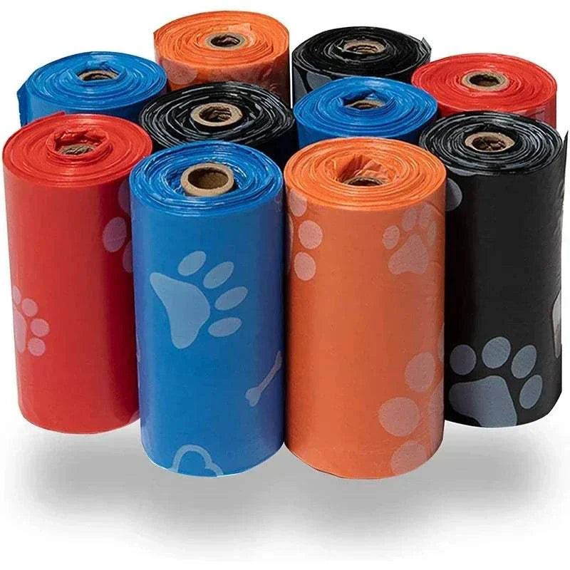 120 rolls of colorful dog poop bags with paw print design, 15 bags per roll for outdoor pet waste cleaning.