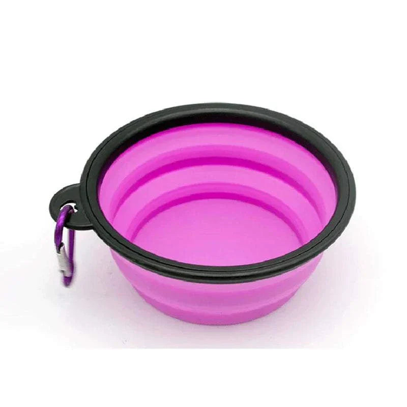 Folding portable silicone dog feeder bowl with carabiner, pink color, collapsible design for food and water.