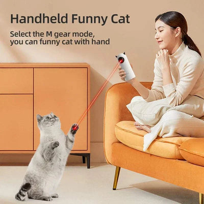 Woman using ROJECO Automatic LED Laser Toy with cat in living room. cat laser pointer