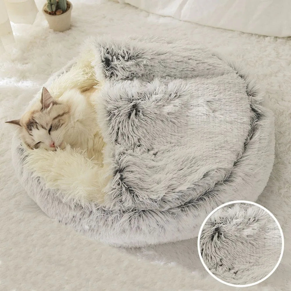 Warm plush round pet bed for cats and small pets, eco-friendly material.