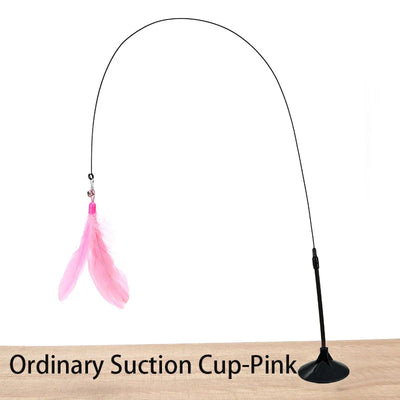 Interactive cat toy with suction cup base and pink feather wand. Interactive cat toy with suction cup and feather wand for kittens and cats, made of silicone from China. pet feather toy