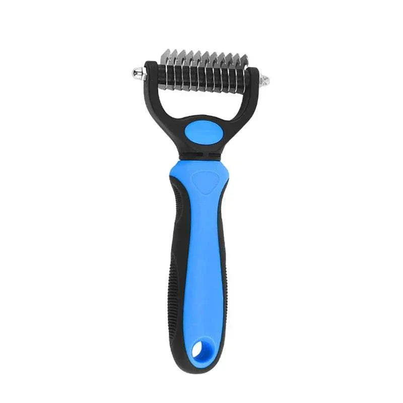 Professional pet deshedding brush for dogs and cats with fur remover and knot cutter, stainless steel.