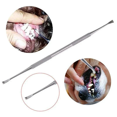 2pcs pet tooth cleaner kit with stainless steel tartar removers and oral care tools.