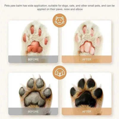 Pet paw balm before and after application on dog and cat paws, showcasing moisturizing effects. Moisturizer Paw Balm for Pet Care