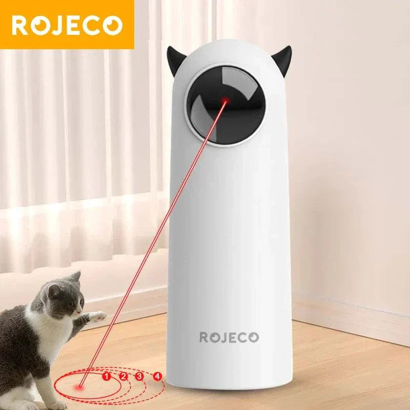 ROJECO Automatic LED Laser Toy for Cats & Dogs on wooden floor with cat playing, showcasing smart laser technology. cat laser pointer