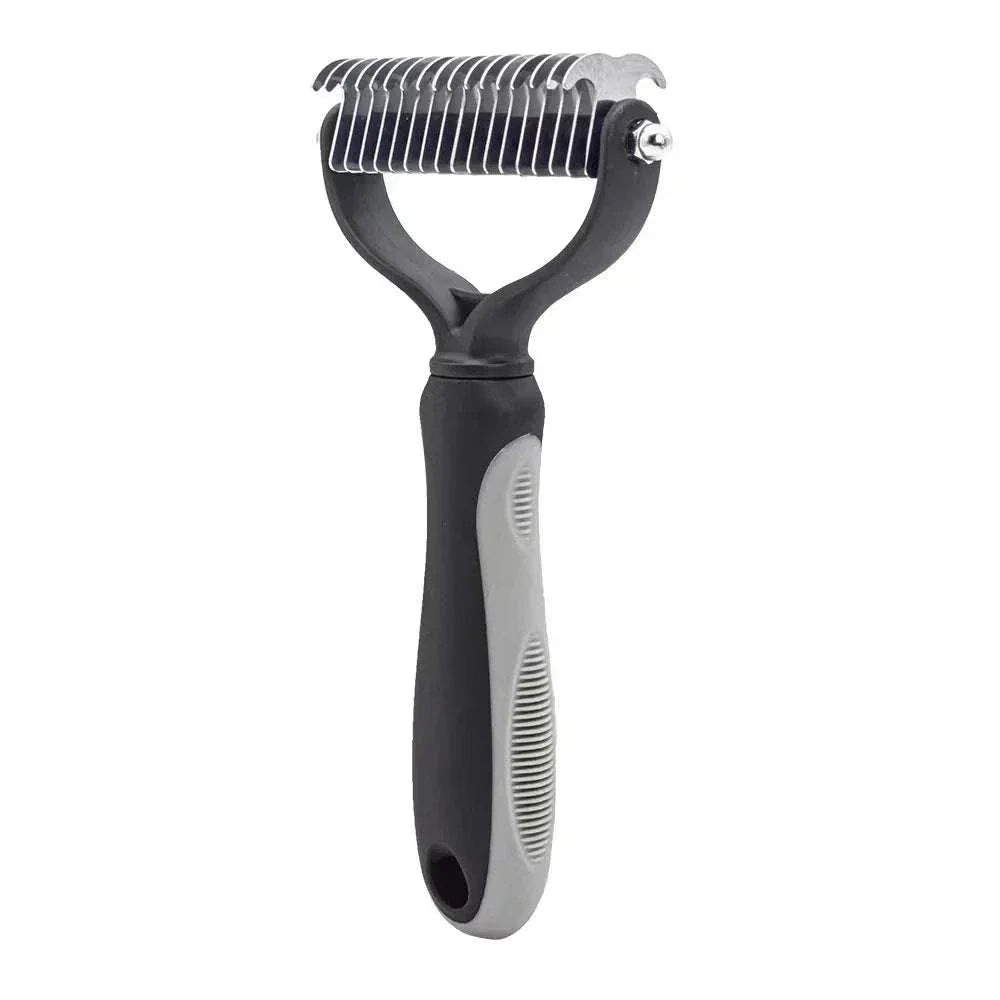 Professional pet deshedding brush with stainless steel blades for fur removal and knot cutting on dogs and cats.